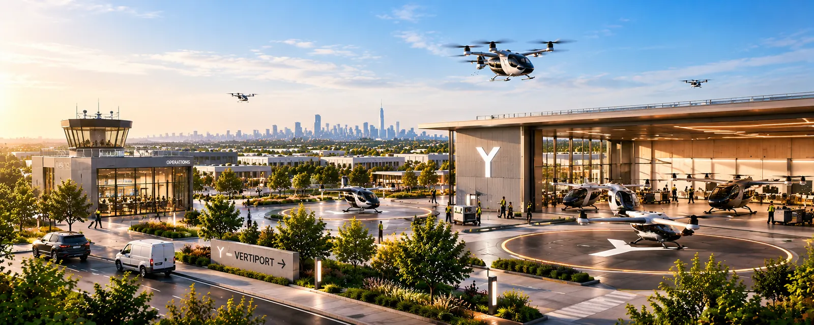 A vertiport with landing circles, an operations building and aircraft arriving
