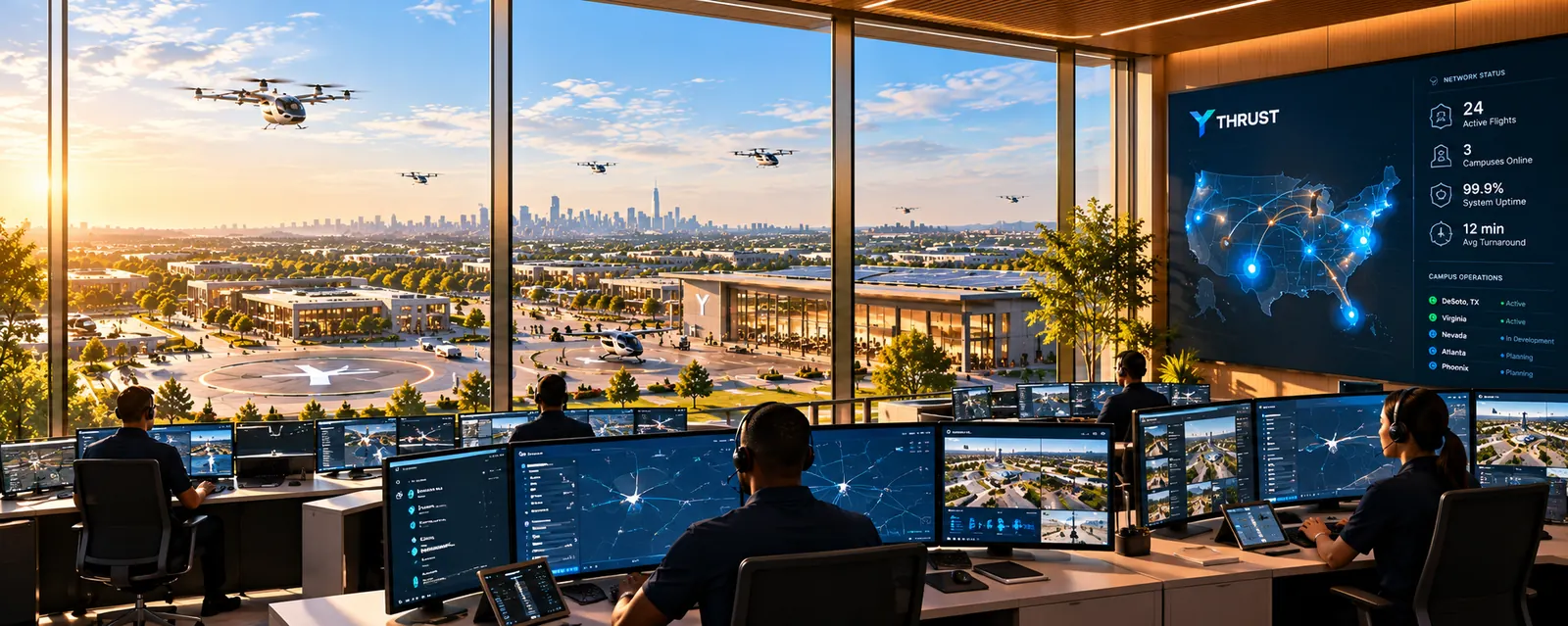 An operations room overlooking a campus, with aircraft in the air outside